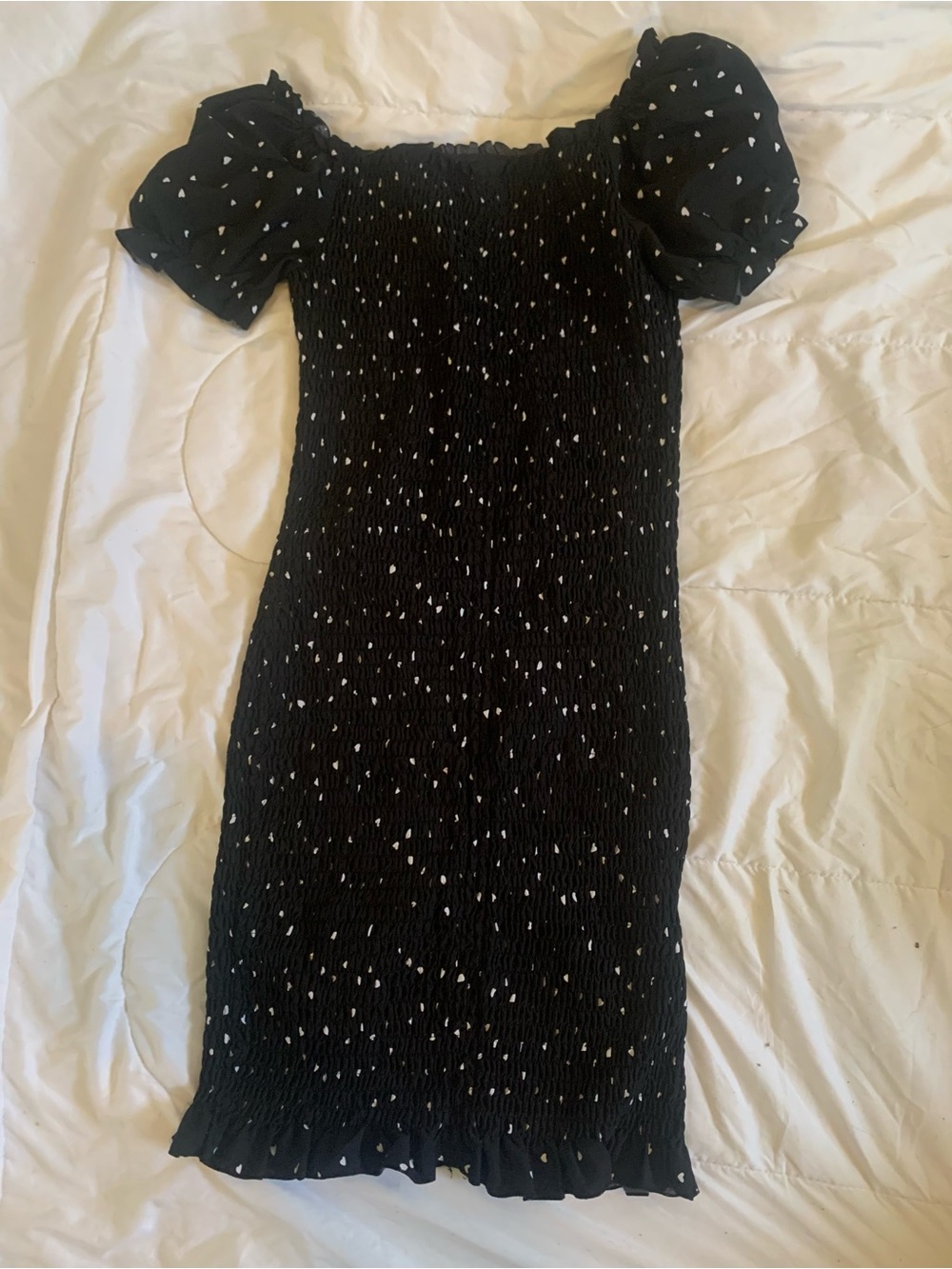 Black Smocked Midi Dress with White Heart Print